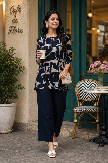 Rabric navy blue Vertican Silk geometric print co-ord set styled for casual cafe outing with accessories