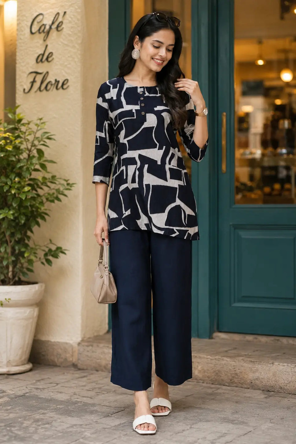 Rabric navy blue Vertican Silk co-ord set for women with beige abstract geometric print, short kurti top, 3/4 sleeves and wide-leg pant front view