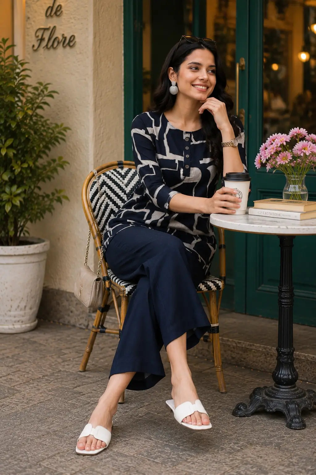 Rabric navy blue Vertican Silk geometric print co-ord set shown in casual sitting pose with coffee, handbag and accessories