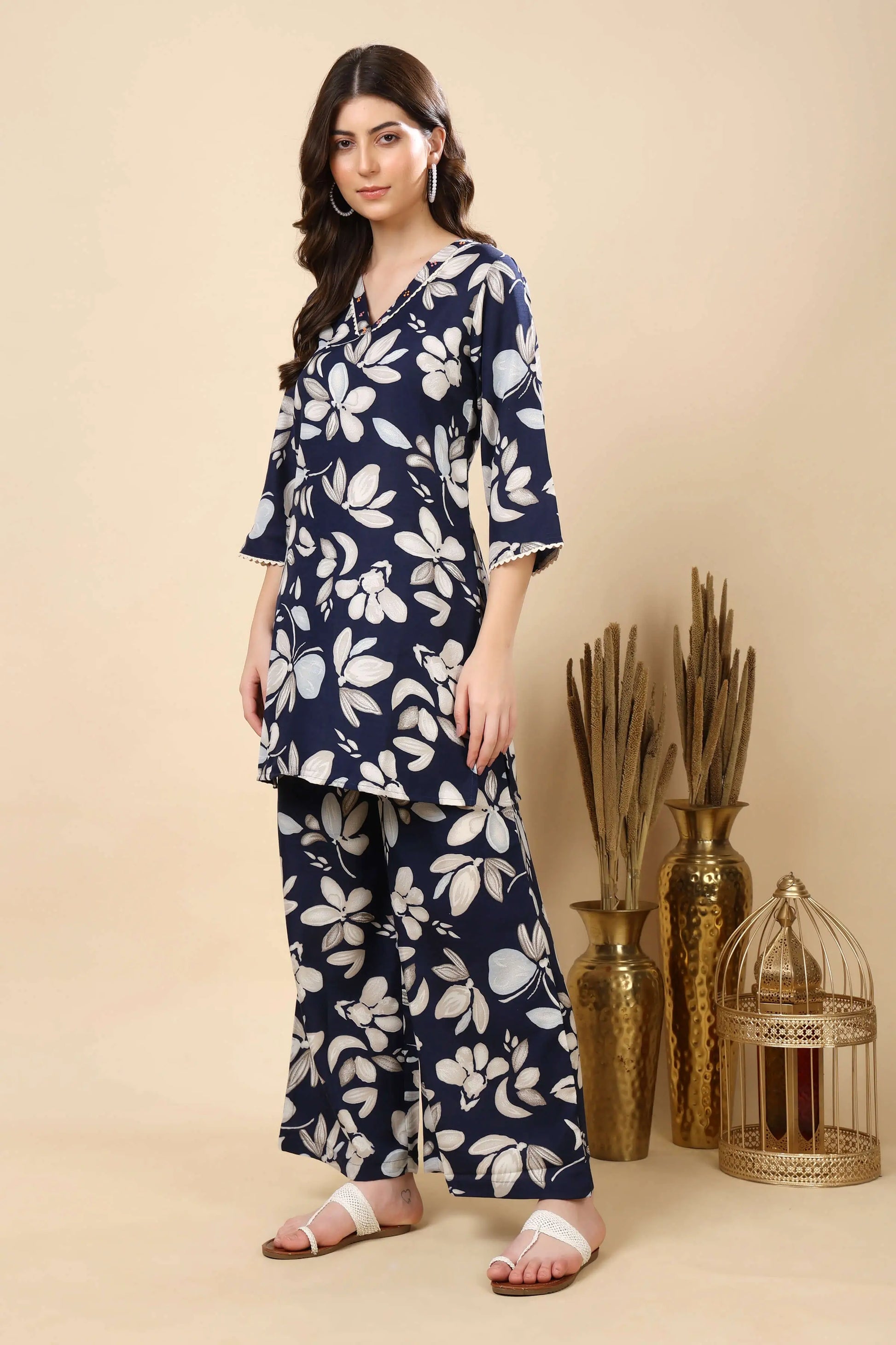 Elegant Navy Blue Floral Co-ord Set with Wide-Leg Pants – Side Profile