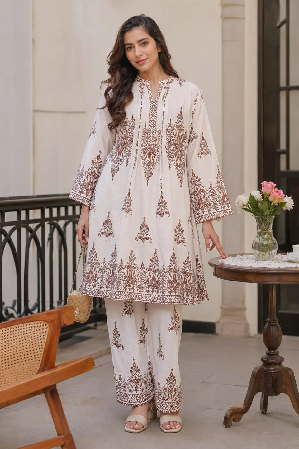 Rabric off white and brown cotton co-ord set front view with Mughal inspired ethnic floral print straight kurta and wide leg pants for women