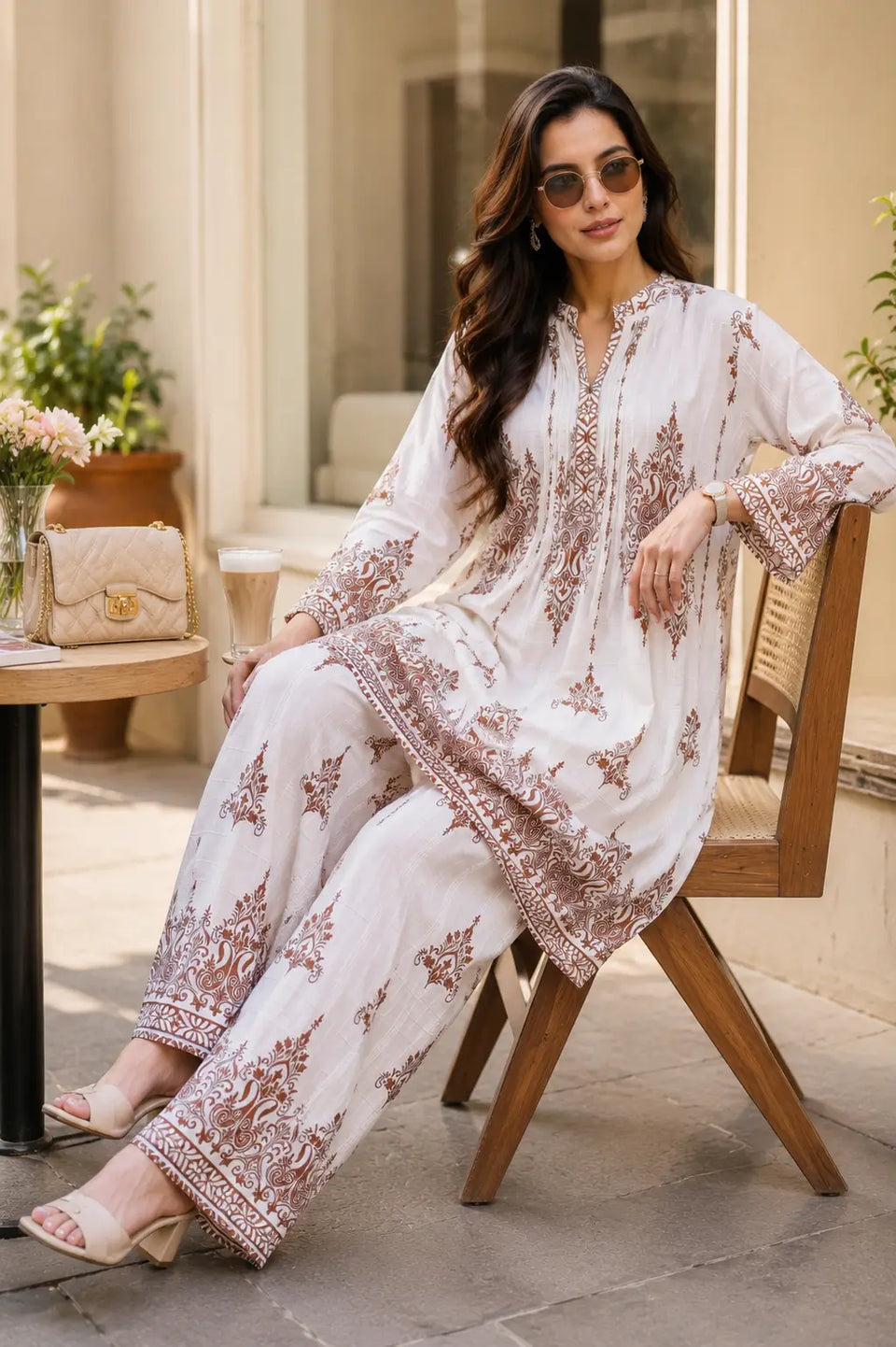 Elegant sitting pose of woman wearing Rabric off white and brown cotton lounge co-ord set with traditional floral print and stylish accessories
