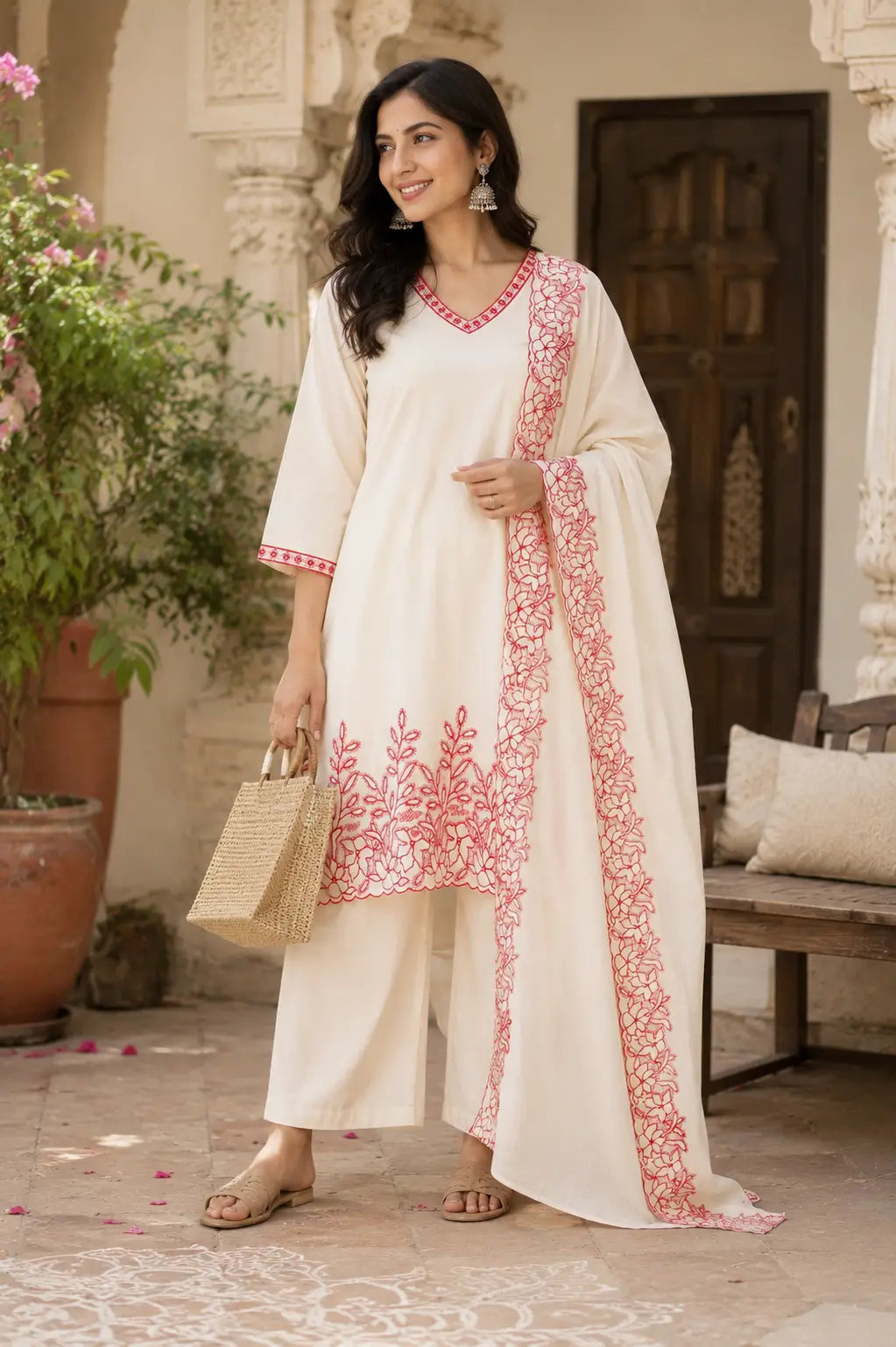 Rabric off white cambric cotton kurta pant set with dupatta styled in casual lifestyle look with trendy accessories for women