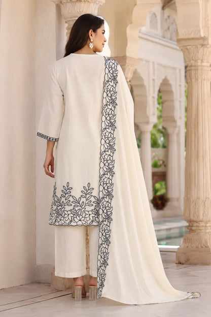 Back view of Rabric off white cambric cotton kurta pant set with dupatta featuring long embroidered kurta and plain cotton pants
