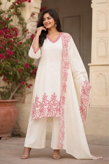 Rabric off white cambric cotton kurta pant set with dupatta for women front view featuring red embroidered detailing and 3/4 sleeves
