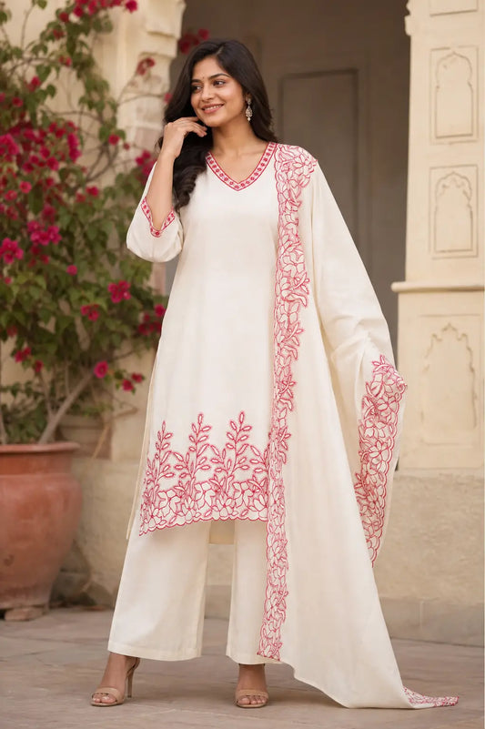 Rabric off white cambric cotton kurta pant set with dupatta for women front view featuring red embroidered detailing and 3/4 sleeves