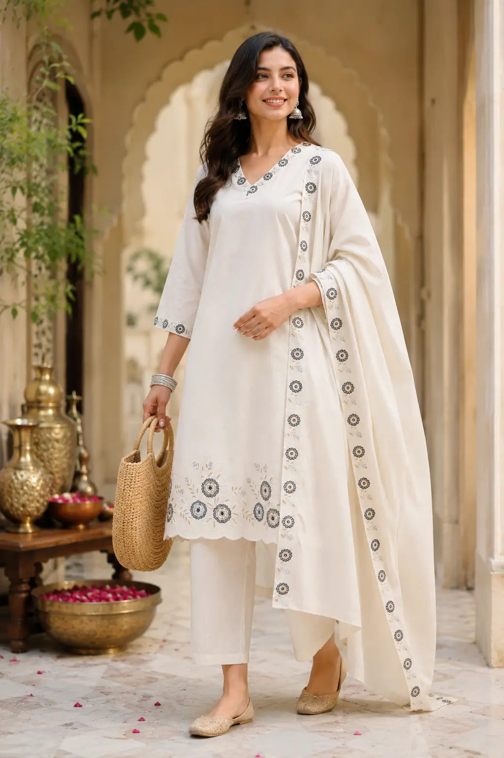Rabric off white cambric cotton kurta pant set with dupatta front view for women with embroidered neckline and floral border detailing