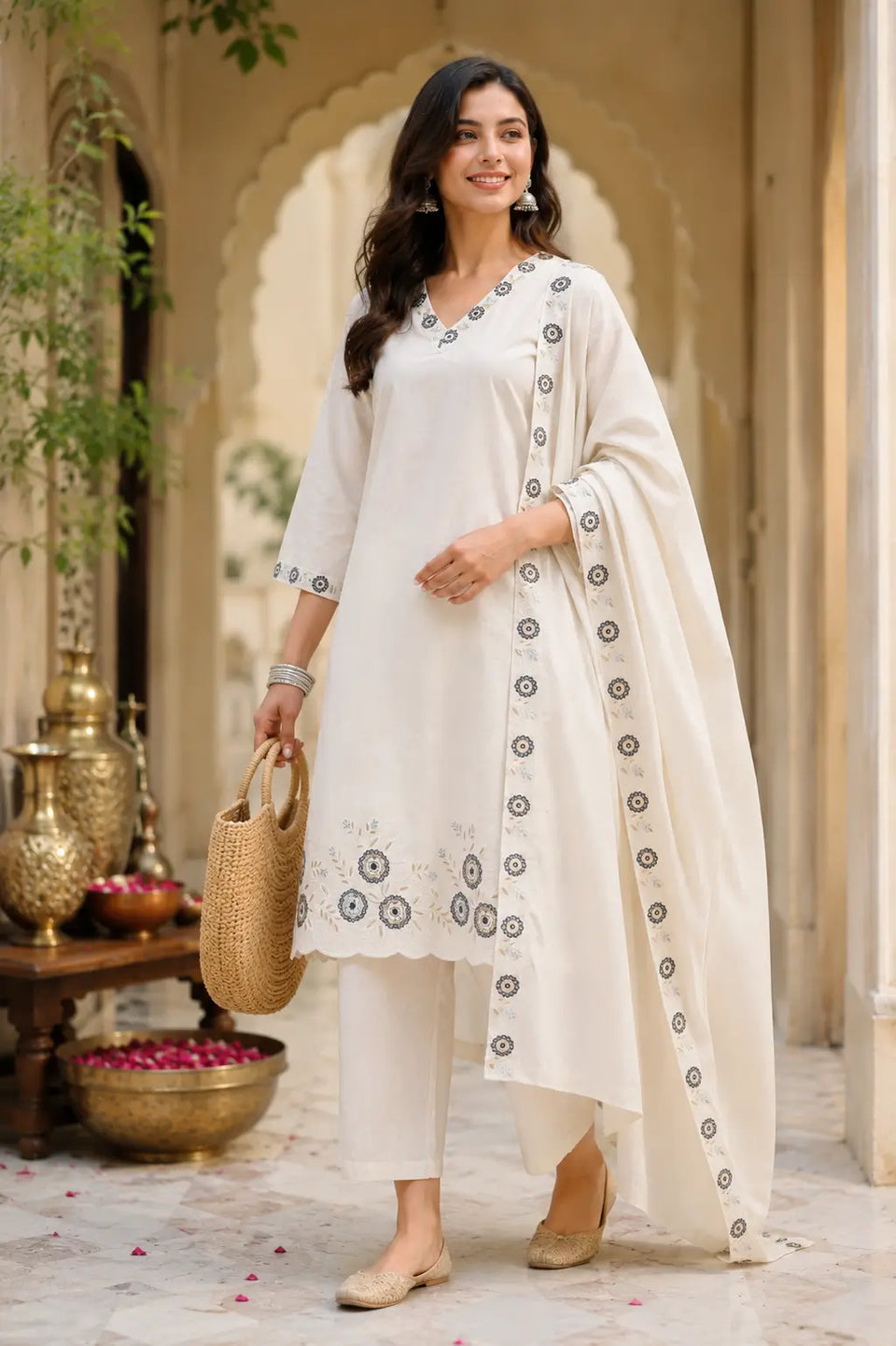 Rabric off white cambric cotton kurta pant set with dupatta front view for women with embroidered neckline and floral border detailing