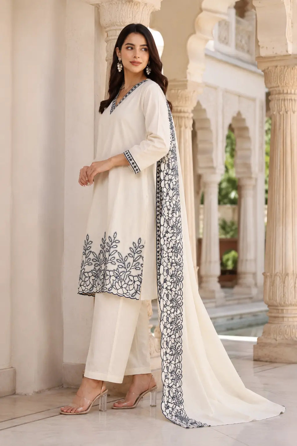Side angle view of Rabric off white cambric cotton kurta pant set with floral embroidered dupatta and plain cotton pants