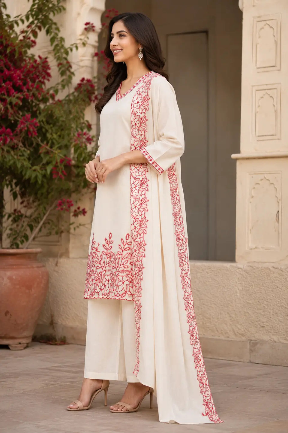 Side angle view of Rabric off white cambric cotton kurta pant set with dupatta showing straight fit long kurta and plain pants