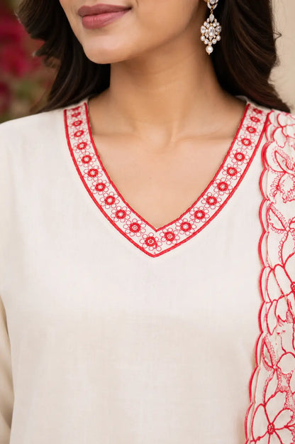 Closeup of V neck design on Rabric off white cambric cotton embroidered kurta pant set with dupatta for women