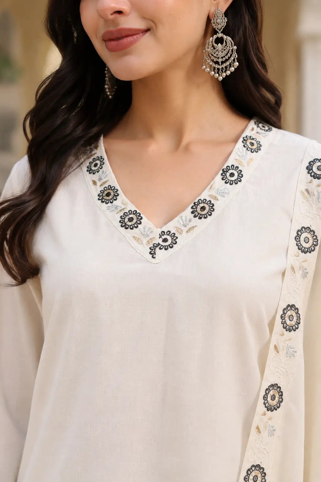 Closeup of embroidered V neck design on Rabric off white cambric cotton kurta set for women
