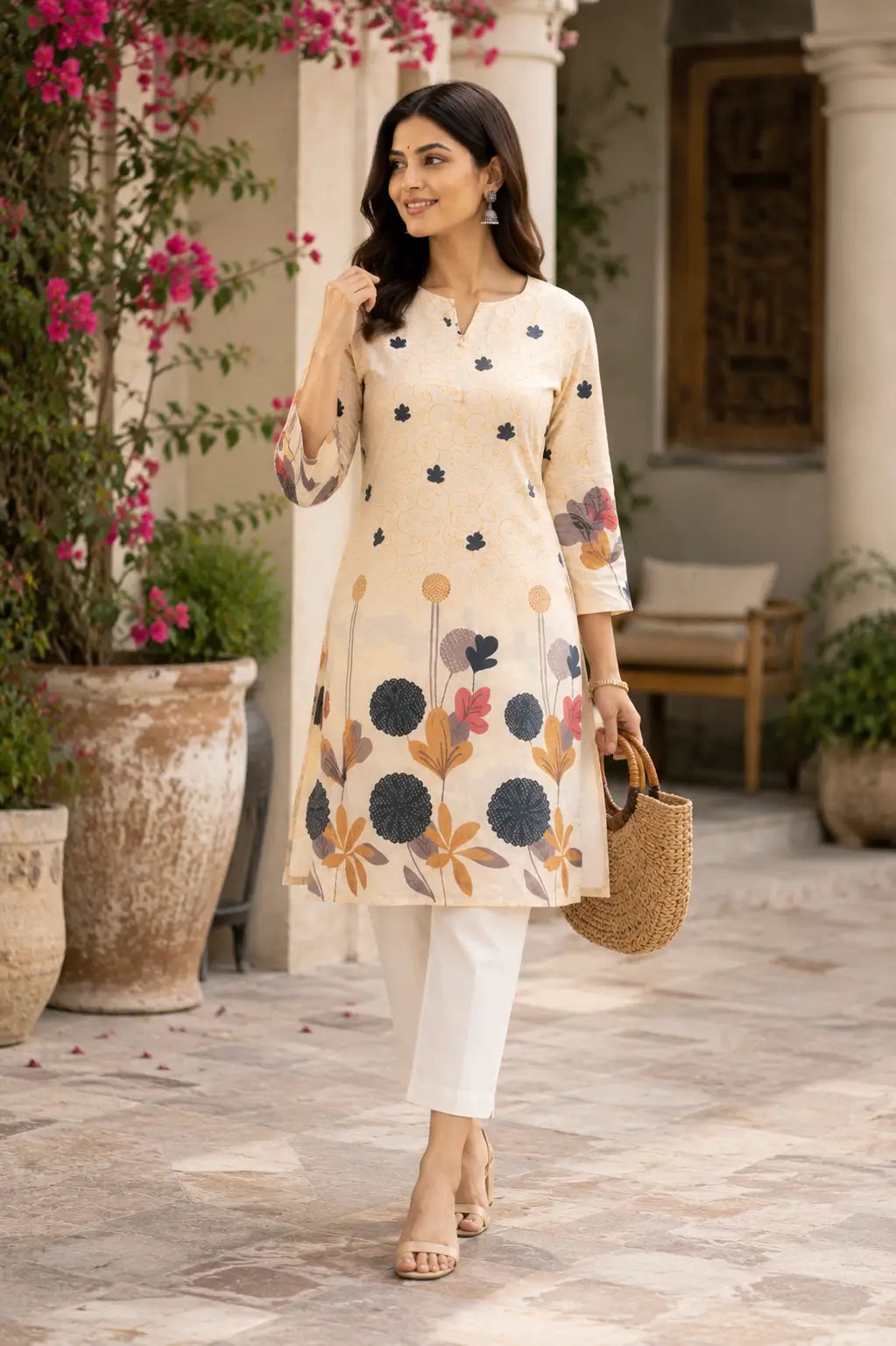 Rabric off white cotton floral printed casual women kurti styled with modern accessories for everyday ethnic fashion