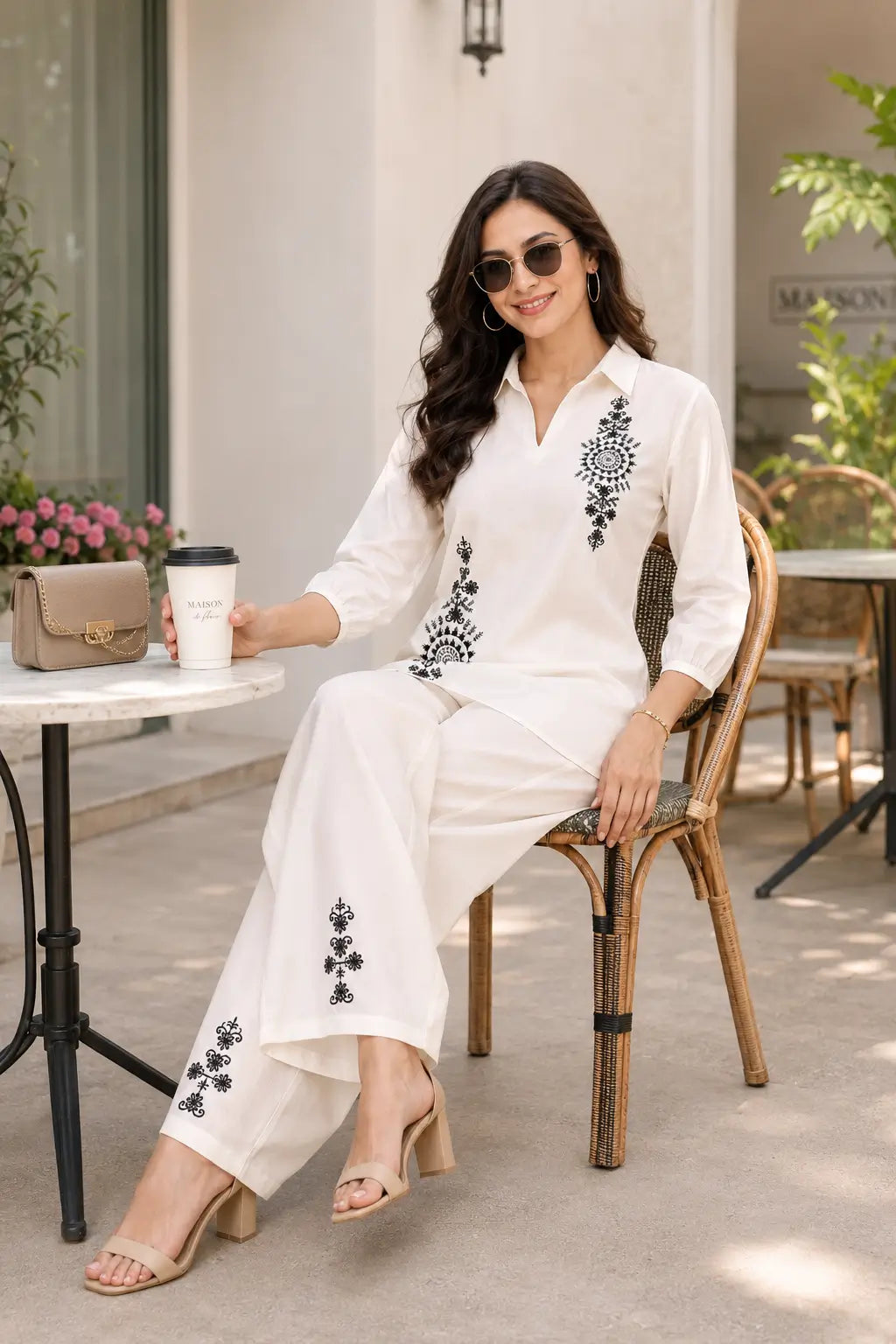 Rabric off white cotton co-ord set for women in sitting pose with black floral embroidery, collar V neck top and matching wide leg pants