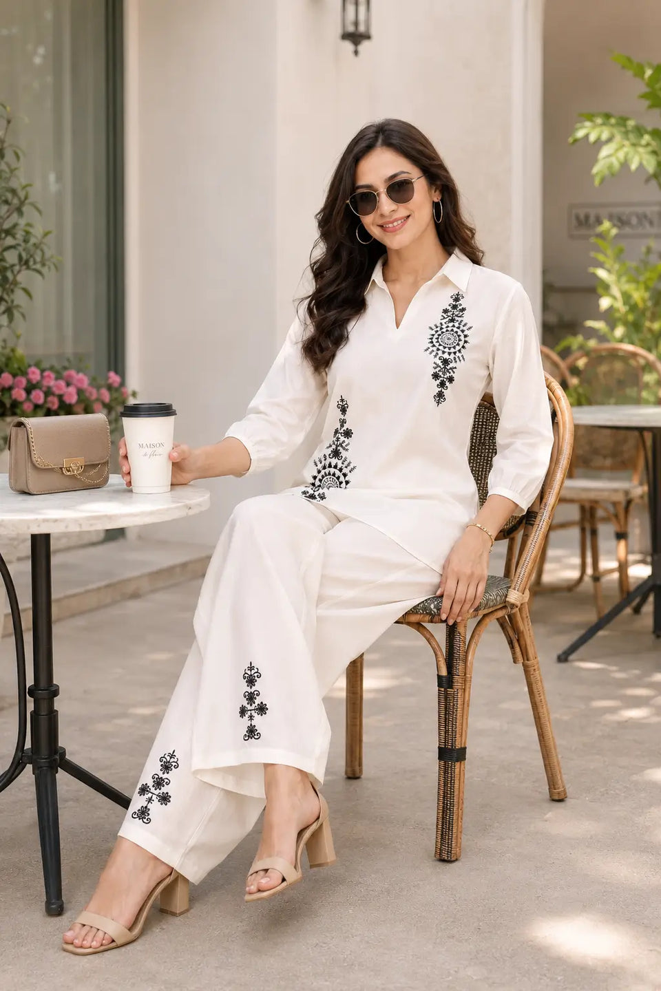 Rabric off white cotton co-ord set for women in sitting pose with black floral embroidery, collar V neck top and matching wide leg pants