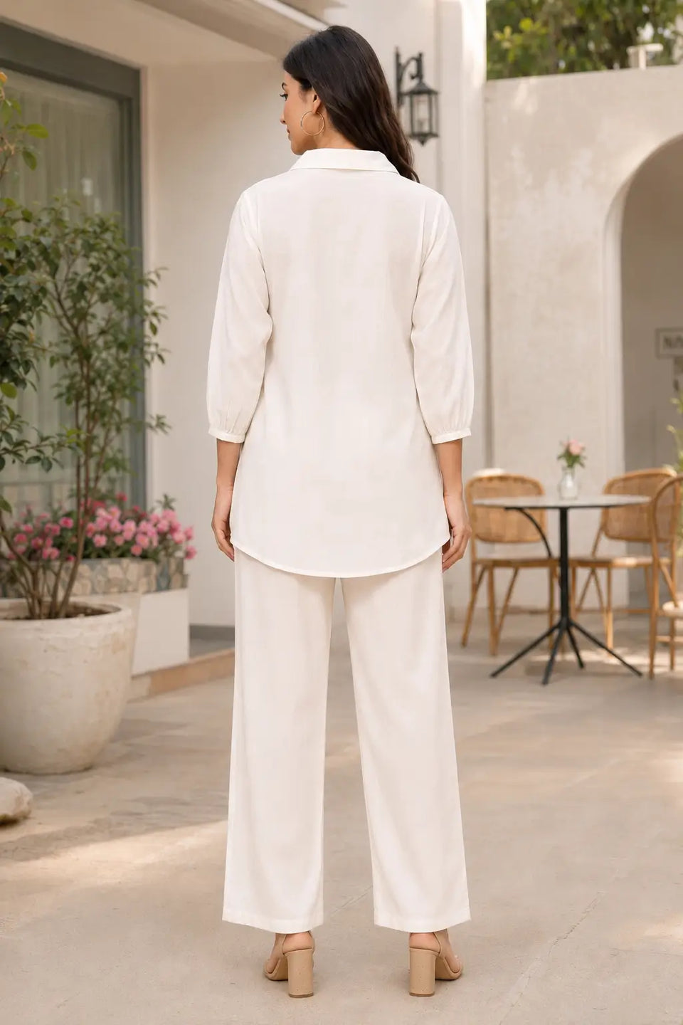 Rabric off white cotton co-ord set back view with plain back collar top, 3/4 sleeves and relaxed wide leg pants for women