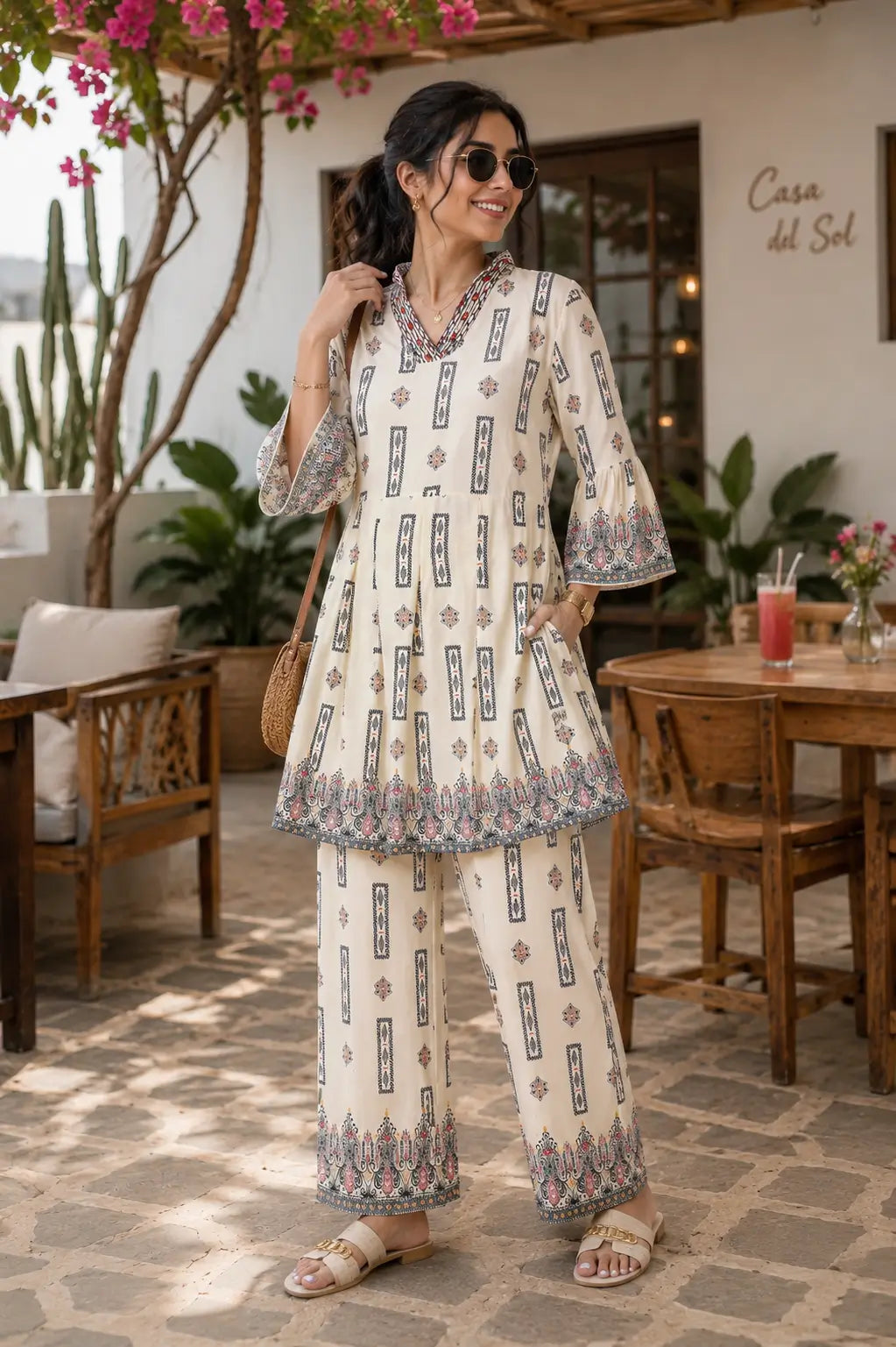 Rabric off white cotton floral border print co-ord set styled with casual accessories in boho cafe lifestyle look for women