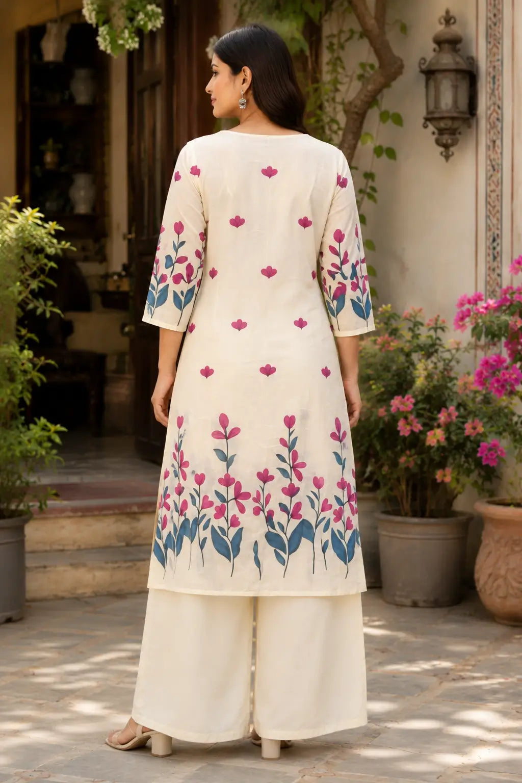 Back view of Rabric off white cotton floral print women kurti with 3-4 sleeves and palazzo pants