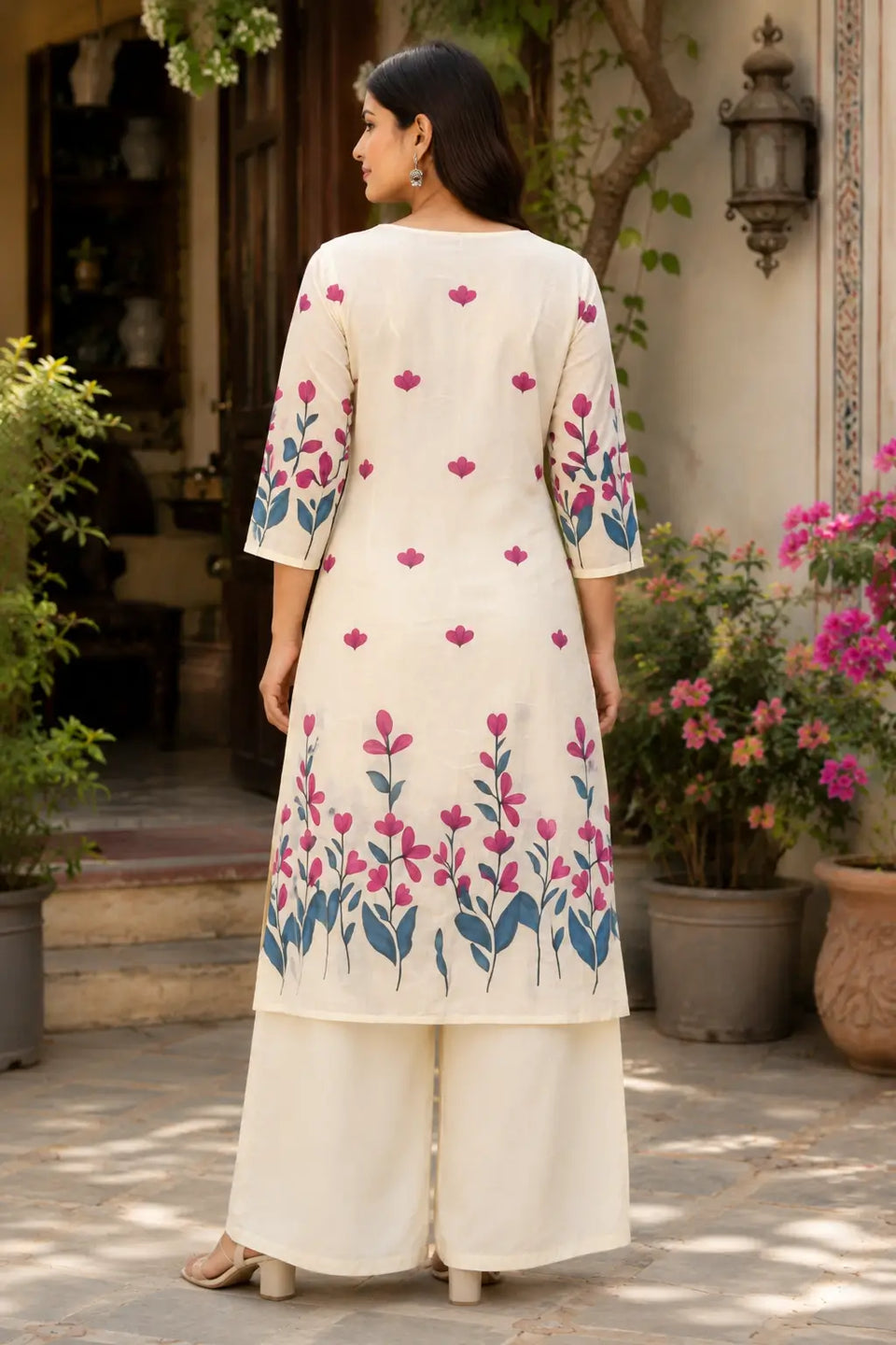 Back view of Rabric off white cotton floral print women kurti with 3-4 sleeves and palazzo pants