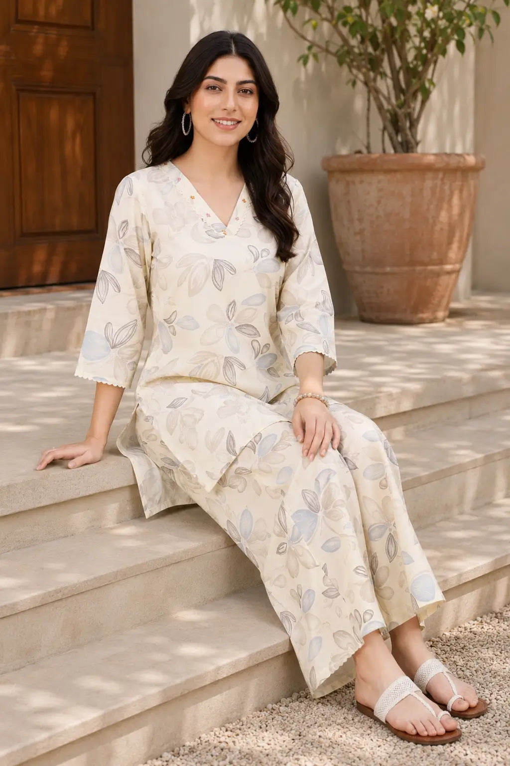 Indian model in sitting pose wearing Rabric off white cotton floral leaf print co-ord set with V-neck kurta and matching pants