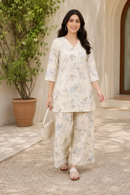 Beautiful Indian woman wearing Rabric off white cotton floral leaf print co-ord set for casual summer outings and daily wear