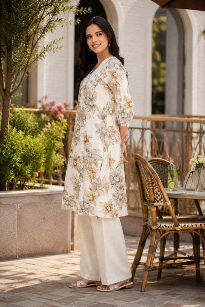 Side angle of Rabric off white floral Vertican Silk co-ord set for women with elegant straight kurta and palazzo pants.