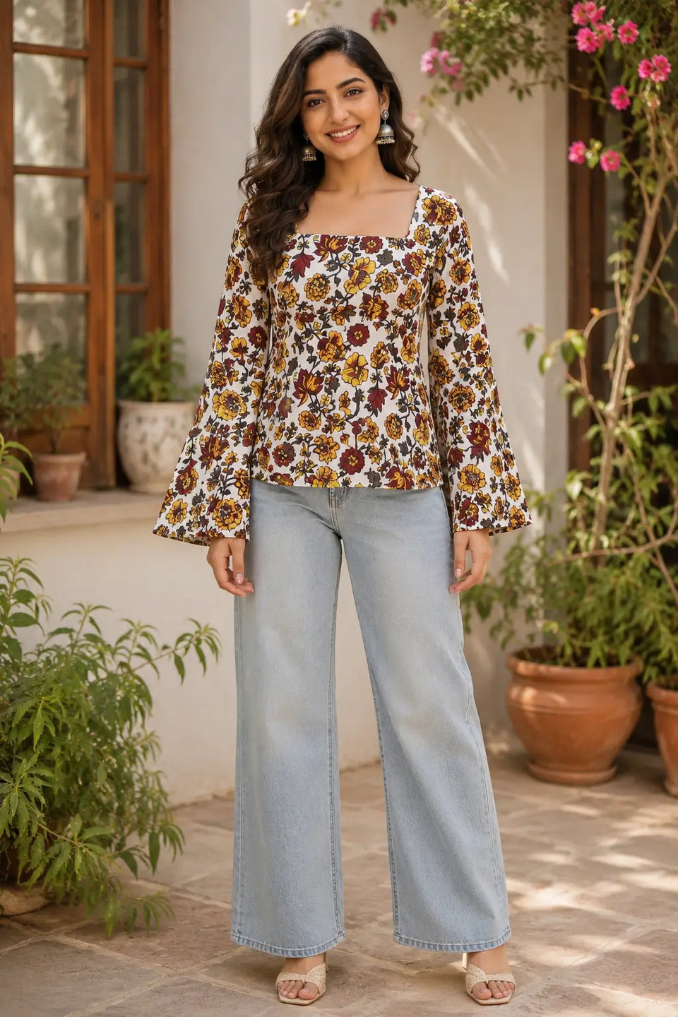 Indian woman wearing Rabric off white cotton floral short top with square neck and bell sleeves styled for casual everyday fashion
