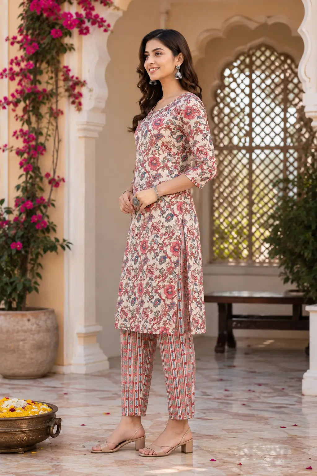 Side angle view of Rabric off white pink floral cotton kurta pant set for women casual ethnic fashion