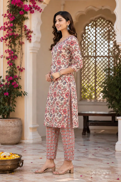 Side angle view of Rabric off white pink floral cotton kurta pant set for women casual ethnic fashion