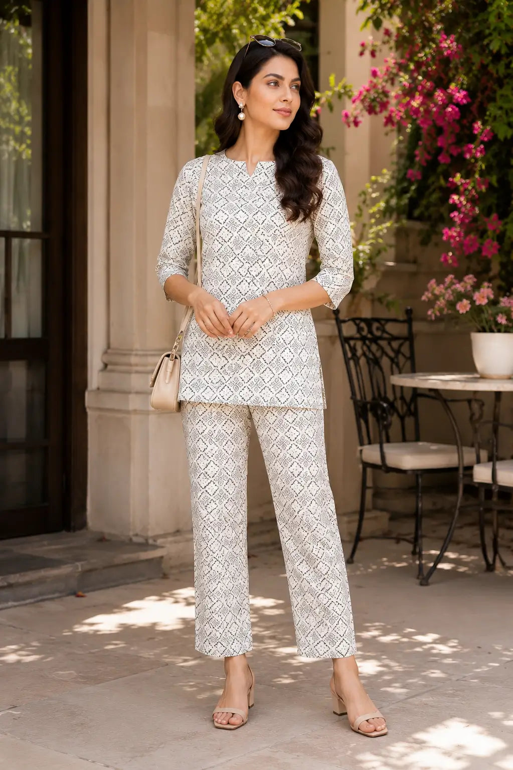 Woman wearing Rabric off white rayon printed co-ord set in outdoor lifestyle fashion look with elegant accessories