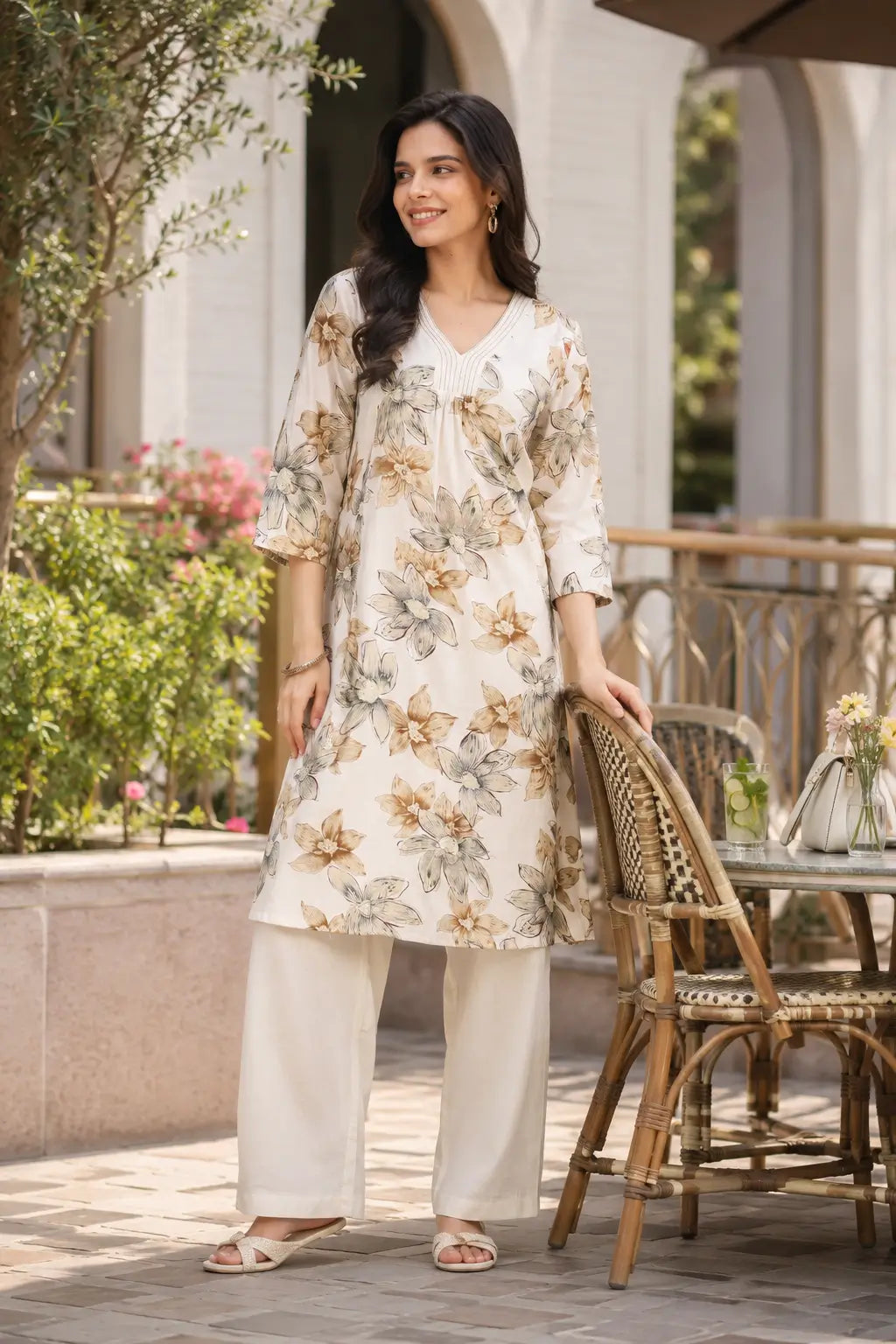 Rabric off white Vertican Silk floral printed co-ord set for women with elegant V-neck kurta and wide leg pants front view.
