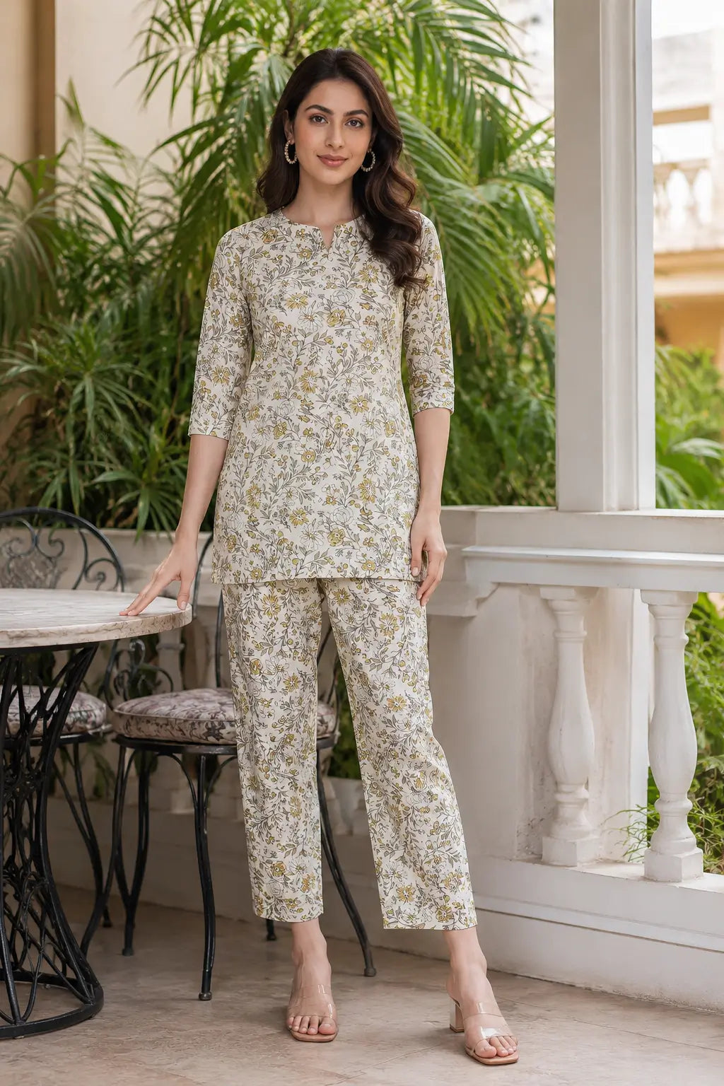Rabric stylish women floral rayon co-ord set in off white and yellow outdoor lifestyle fashion look with elegant casual styling