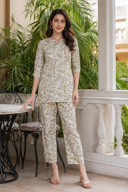 Rabric stylish women floral rayon co-ord set in off white and yellow outdoor lifestyle fashion look with elegant casual styling