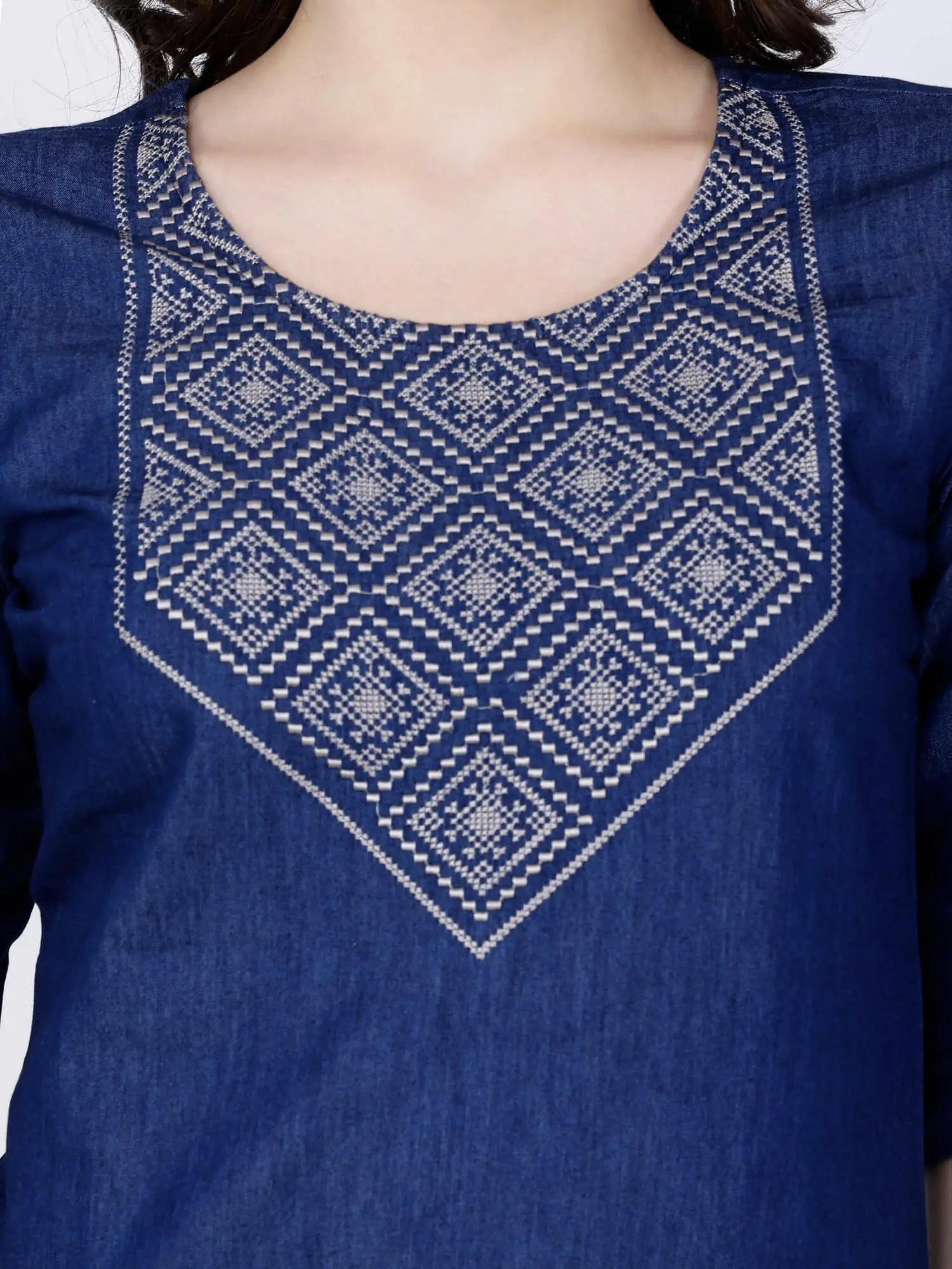 Denim Kurti with Thread Embroidery for Daily Wear