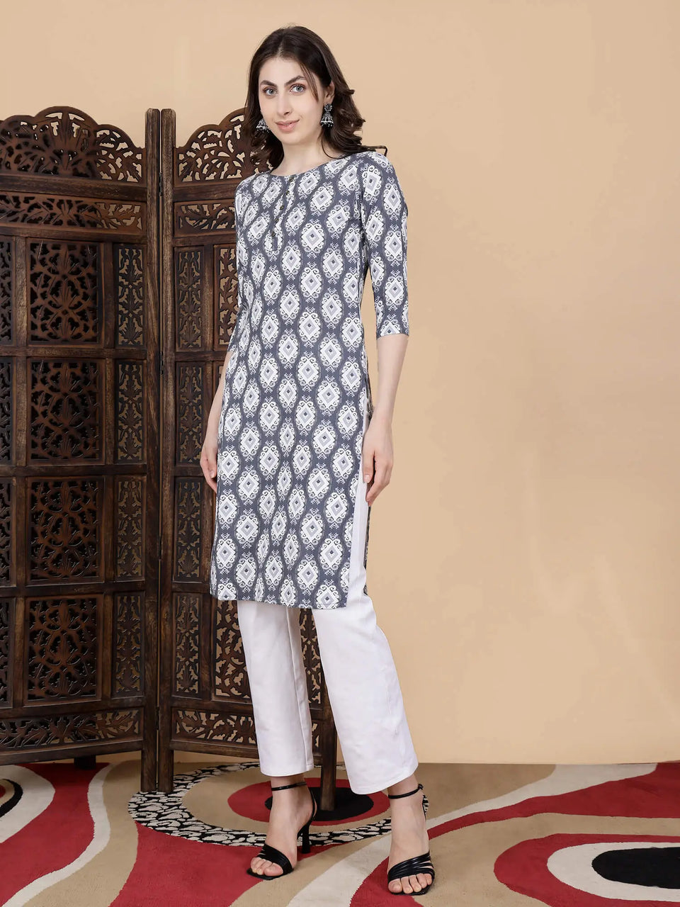 Side View of Elegant Rayon Kurti with White Pants for Women