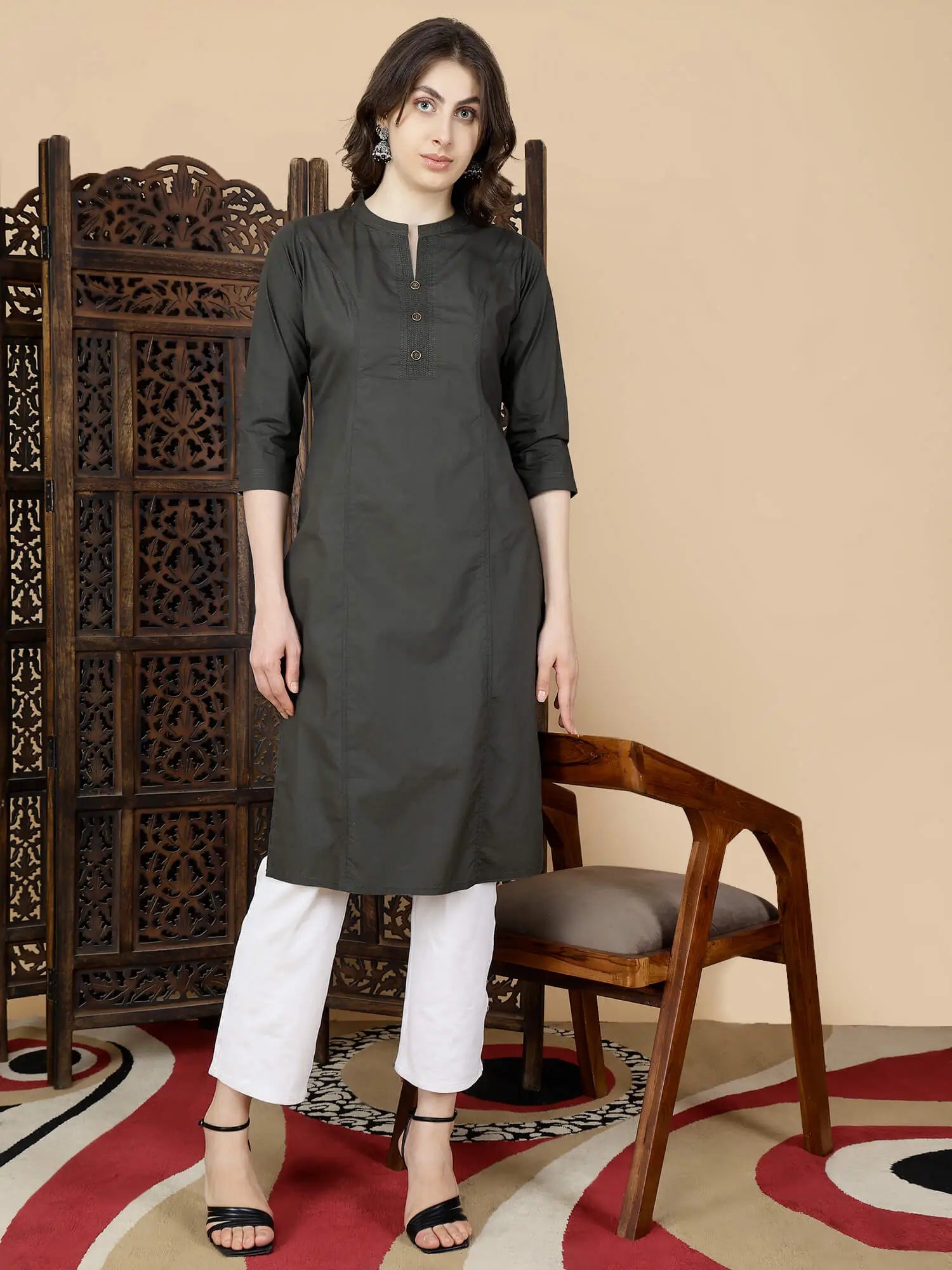 Olive Green Kurti paired with White Pants – Rabric