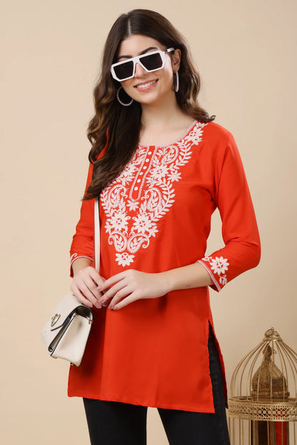3/4 sleeve white embroidered red Crepe kurti for women