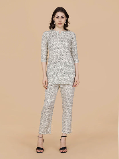 Front view of Rabric Premium Off-White Printed Rayon Co-ord Set for Women