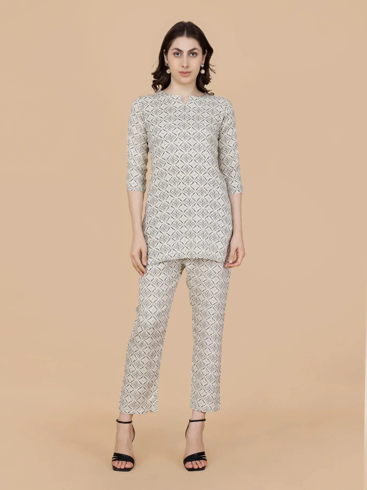 Front view of Rabric Premium Off-White Printed Rayon Co-ord Set for Women