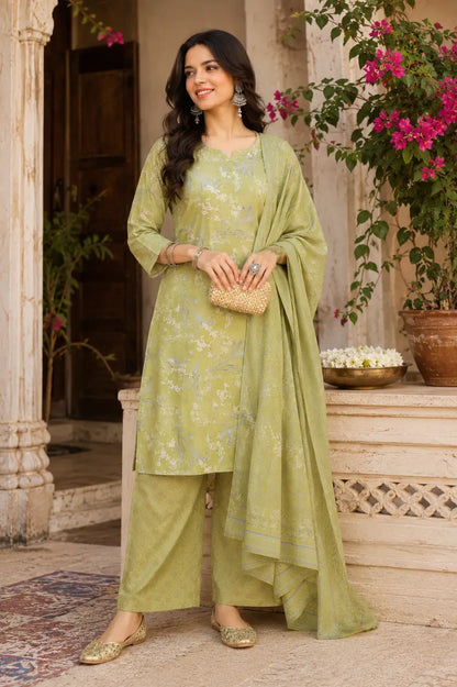 Women wearing Rabric olive green cambric cotton kurta pant set with dupatta in elegant ethnic lifestyle fashion pose