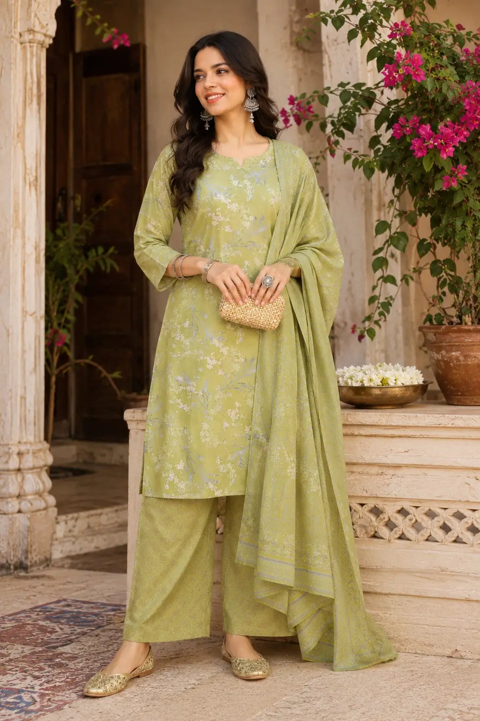 Women wearing Rabric olive green cambric cotton kurta pant set with dupatta in elegant ethnic lifestyle fashion pose