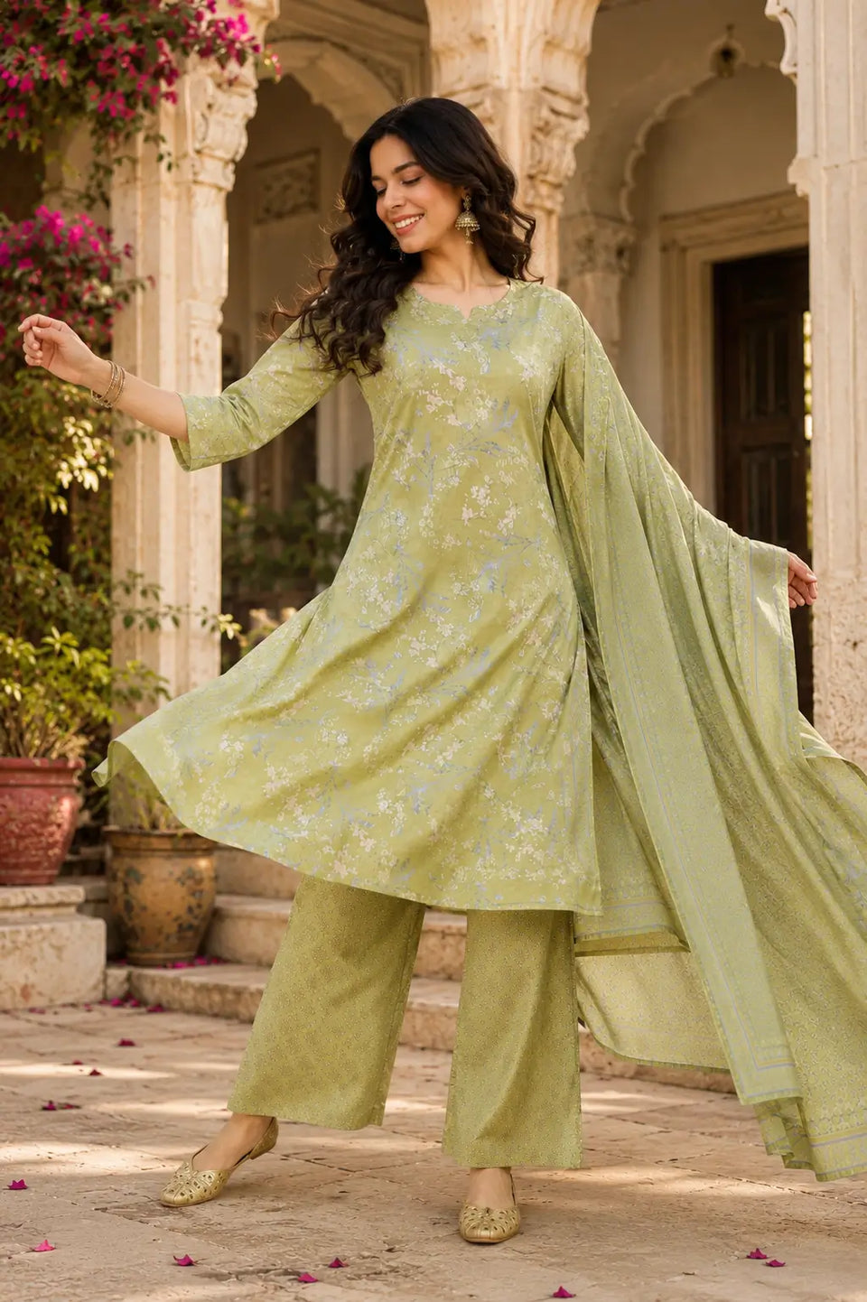 Rabric olive green cambric cotton flared kurta pant set with dupatta in dancing pose showcasing ethnic fashion for women