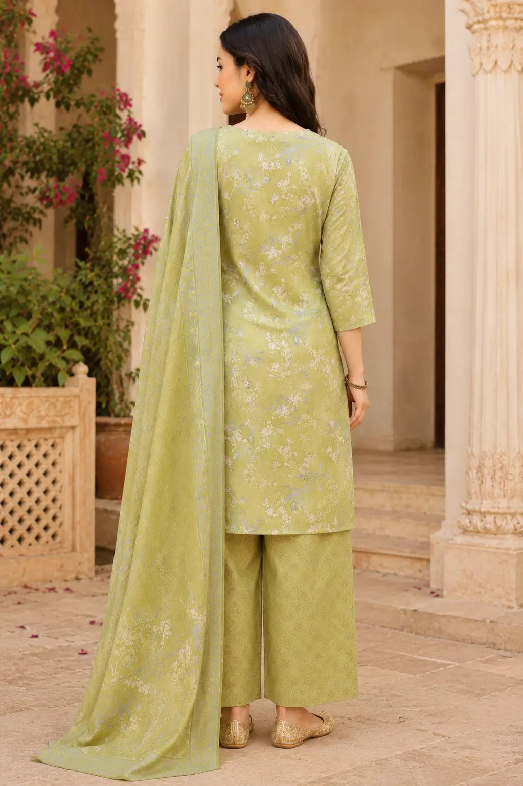 Back view of Rabric olive green cambric cotton kurta pant set with dupatta for women with floral print and elegant ethnic style