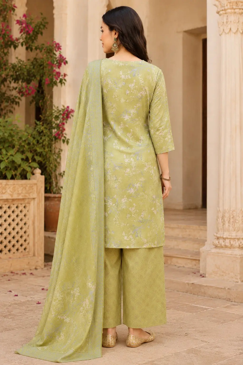 Back view of Rabric olive green cambric cotton kurta pant set with dupatta for women with floral print and elegant ethnic style