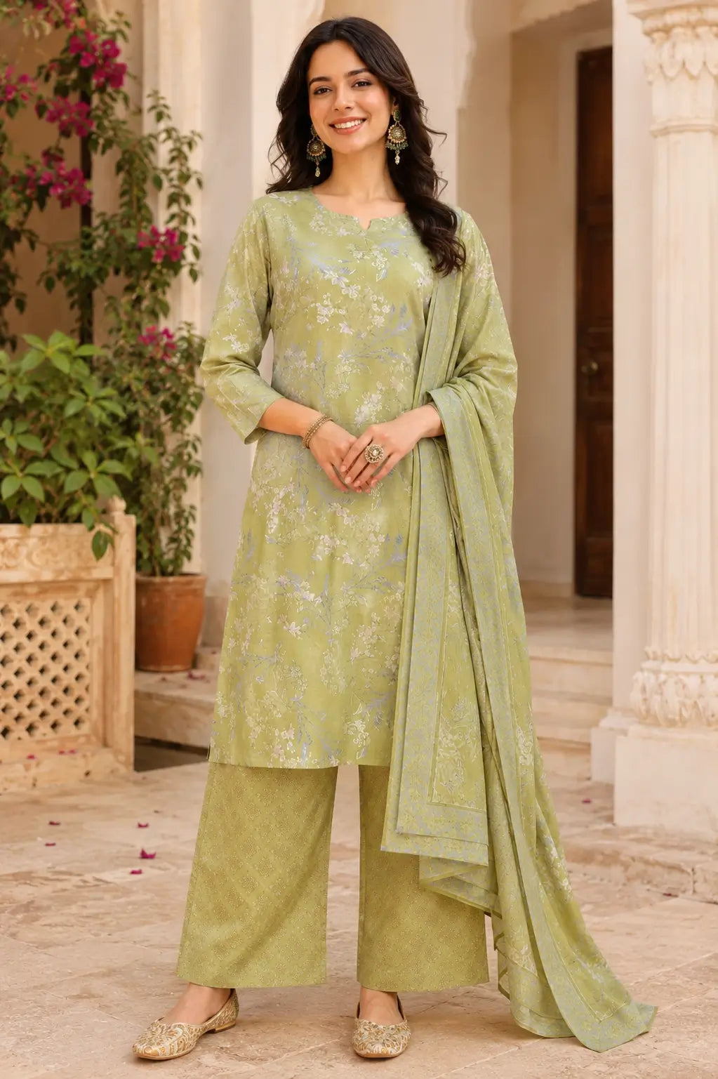 Rabric olive green cambric cotton kurta pant set with dupatta front view for women featuring floral print ethnic wear and straight long kurta