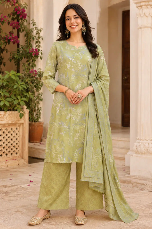 Rabric olive green cambric cotton kurta pant set with dupatta front view for women featuring floral print ethnic wear and straight long kurta