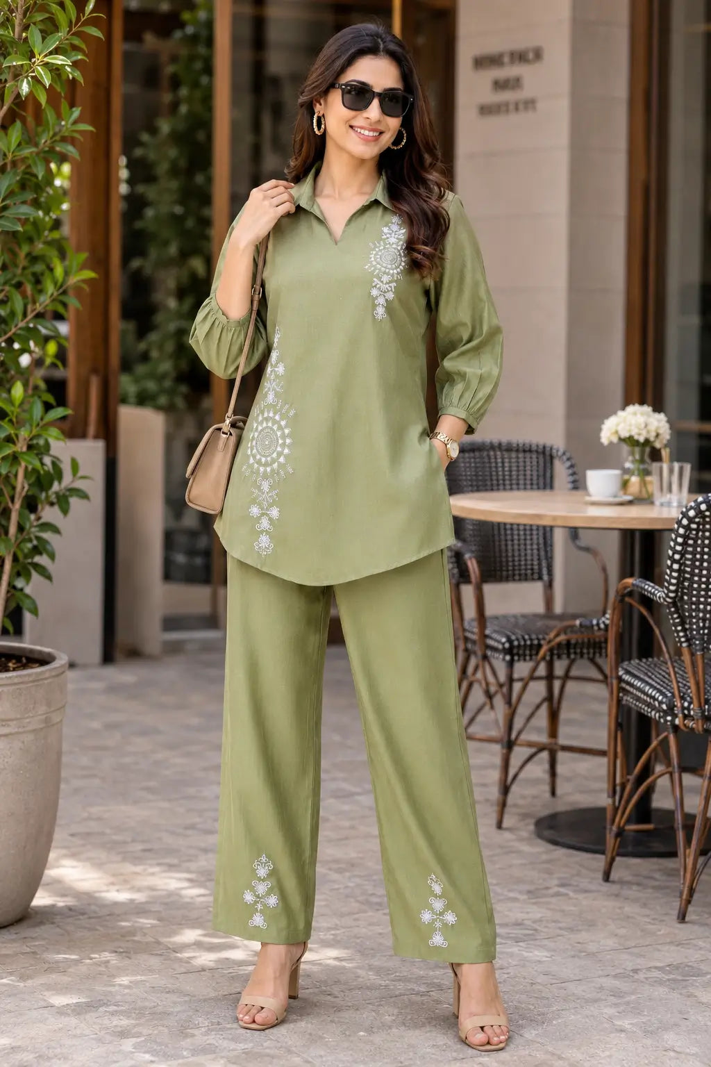 Rabric olive green cotton co-ord set styled outdoors with handbag, sunglasses, collar neck top and white floral embroidery