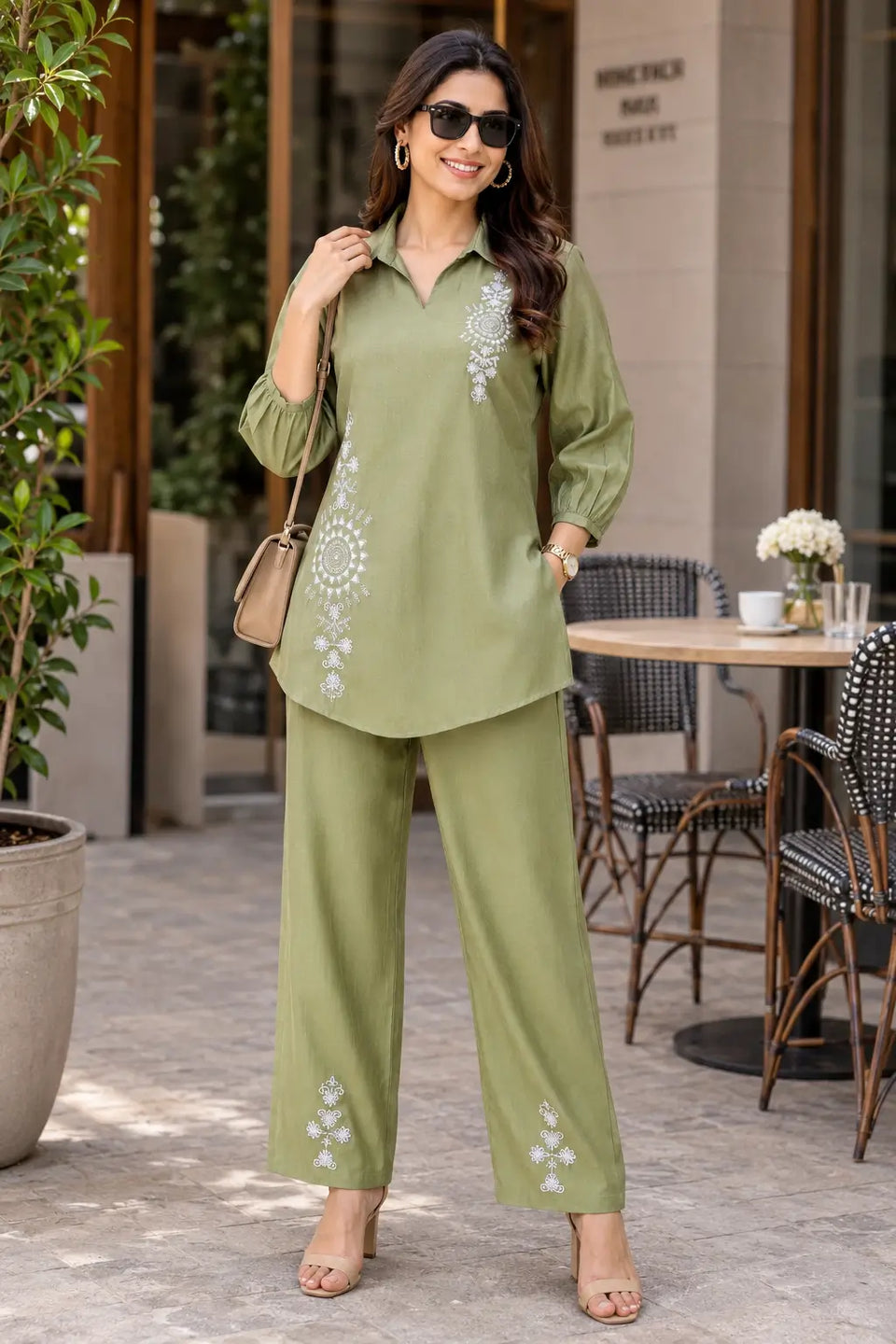 Rabric olive green cotton co-ord set styled outdoors with handbag, sunglasses, collar neck top and white floral embroidery
