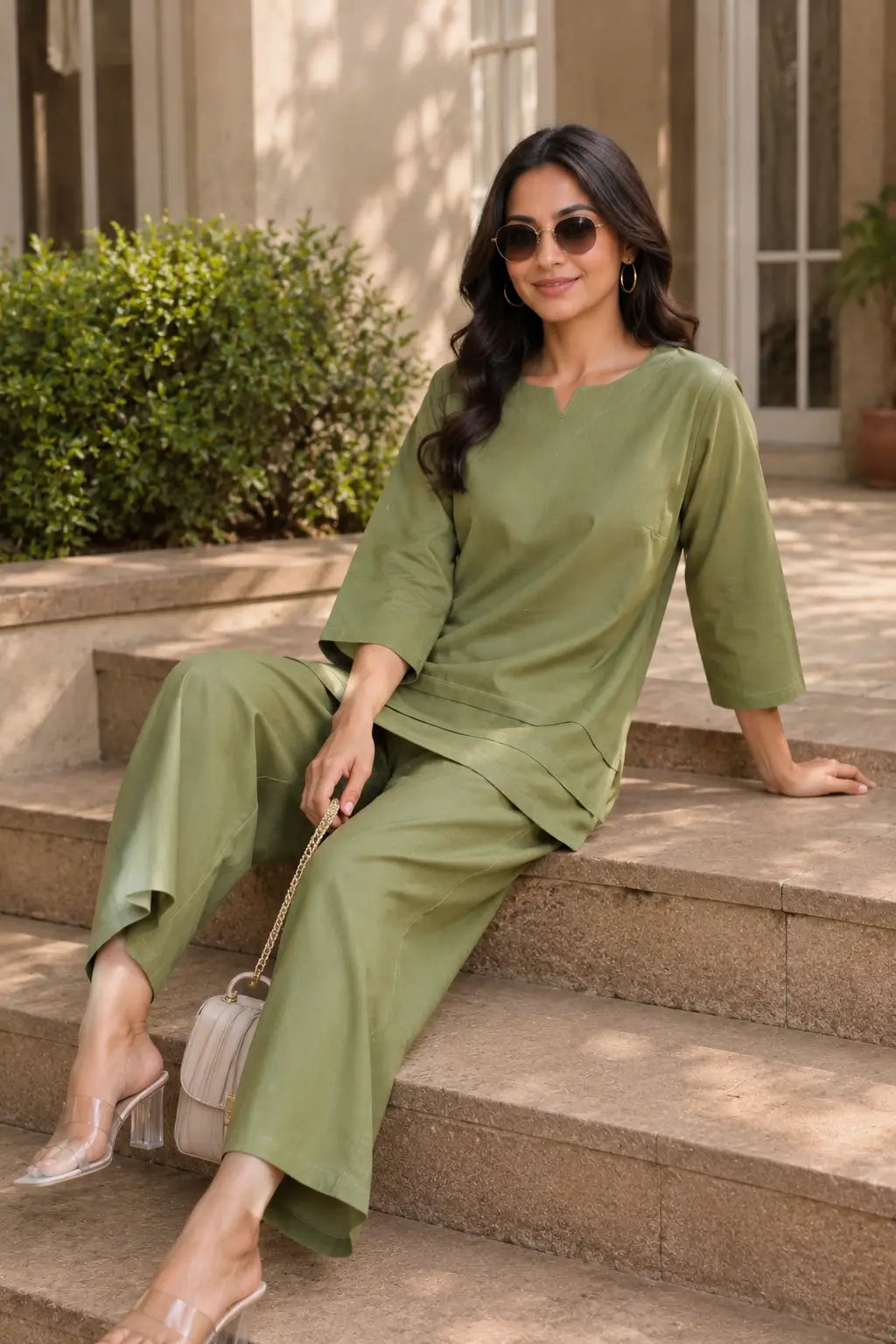 Sitting pose lifestyle image of Rabric olive green cotton co-ord set for women with solid plain cotton fabric and wide leg pant