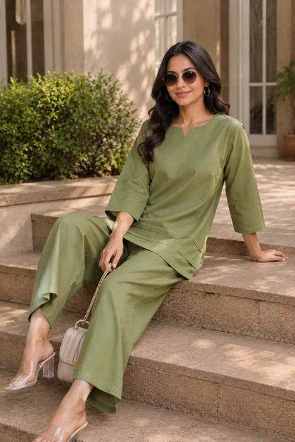 Sitting pose lifestyle image of Rabric olive green cotton co-ord set for women with solid plain cotton fabric and wide leg pant